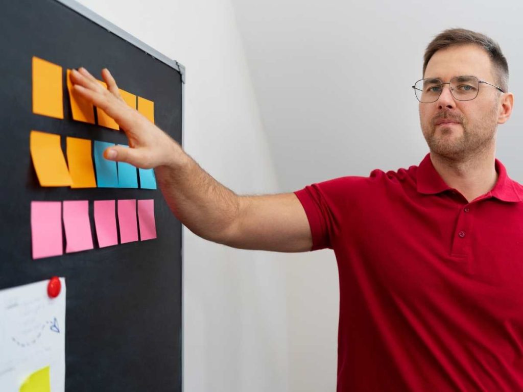 Homem organizando notas adesivas em um quadro de planejamento.

