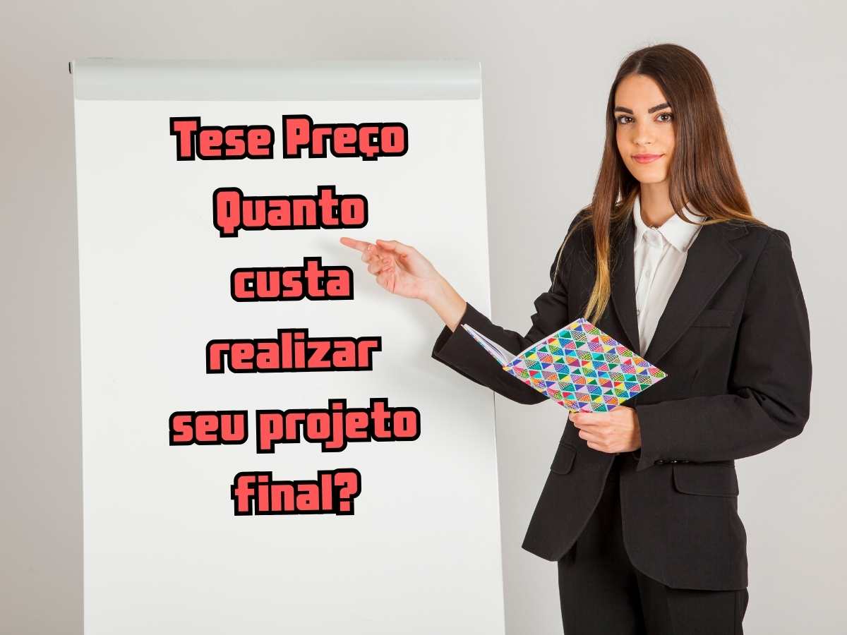 Mulher apresentando um gráfico com a mensagem "Tem dúvidas quanto custa realizar seu projeto final?", ilustrando a análise dos custos associados à realização de uma tese.