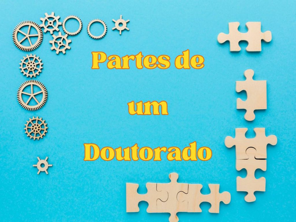Elementos de um doutorado ilustrados como peças de quebra-cabeça, representando a estrutura de uma tese bem organizada.