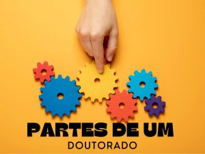 Mão ajustando engrenagens coloridas, simbolizando a integração das diferentes partes de uma tese de doutorado.
