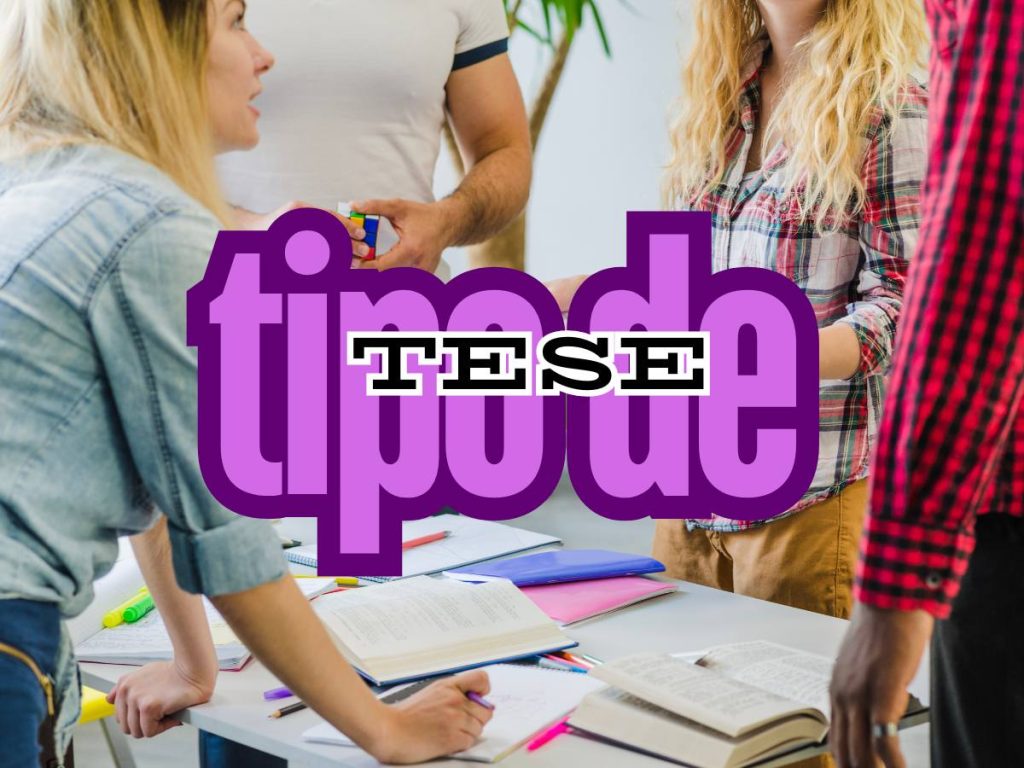 Grupo de estudantes trabalhando em conjunto para escolher o tipo de tese ideal para seus projetos acadêmicos.