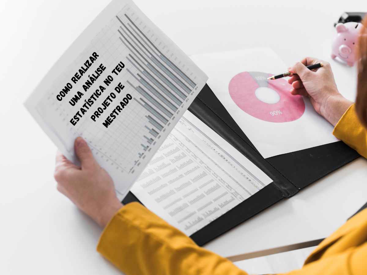 Pessoa analisando gráficos estatísticos e fazendo anotações em projeto de mestrado.