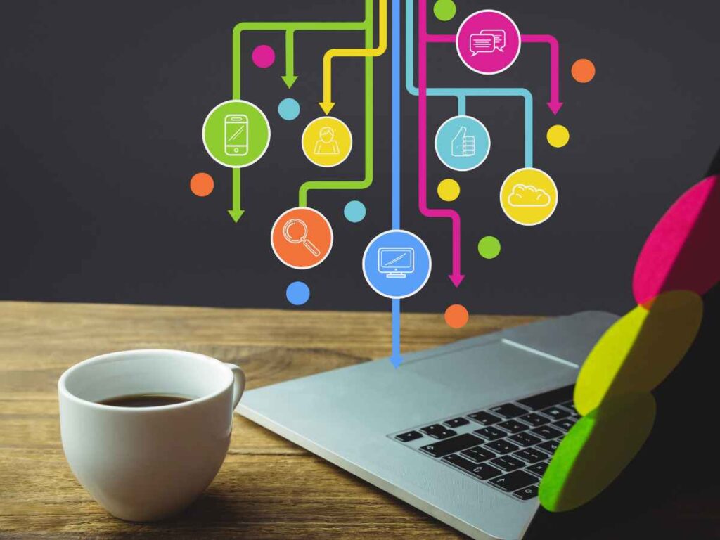 Imagem de um computador com ícones coloridos representando diferentes tipos de informação digital conectados.